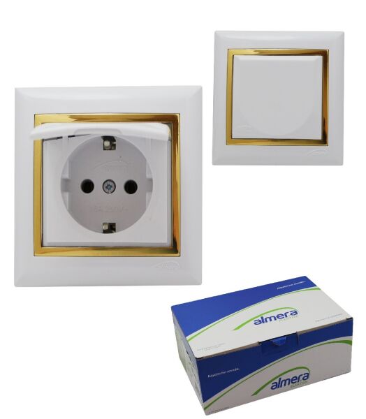 ALMERA KAPAKLI TOPRAKLI PRİZ BUZ BEYAZ+VARAK