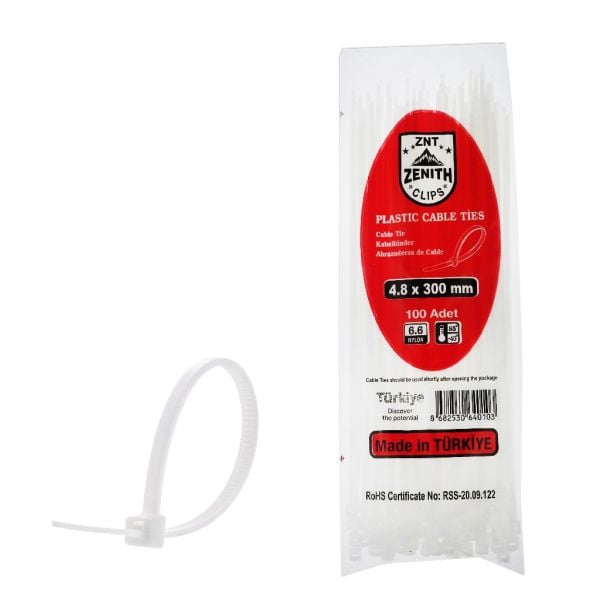 ZENITH KABLO BAĞI & CIRT KELEPÇE 4,8*300 MM BEYAZ PK:100