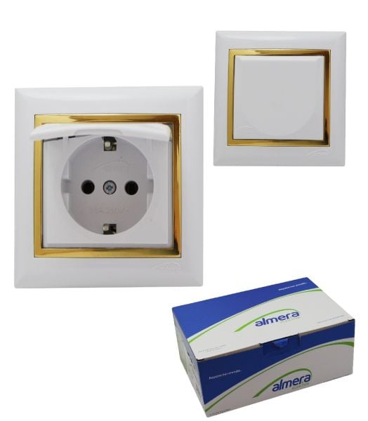 ALMERA KAPAKLI TOPRAKLI PRİZ BUZ BEYAZ+VARAK